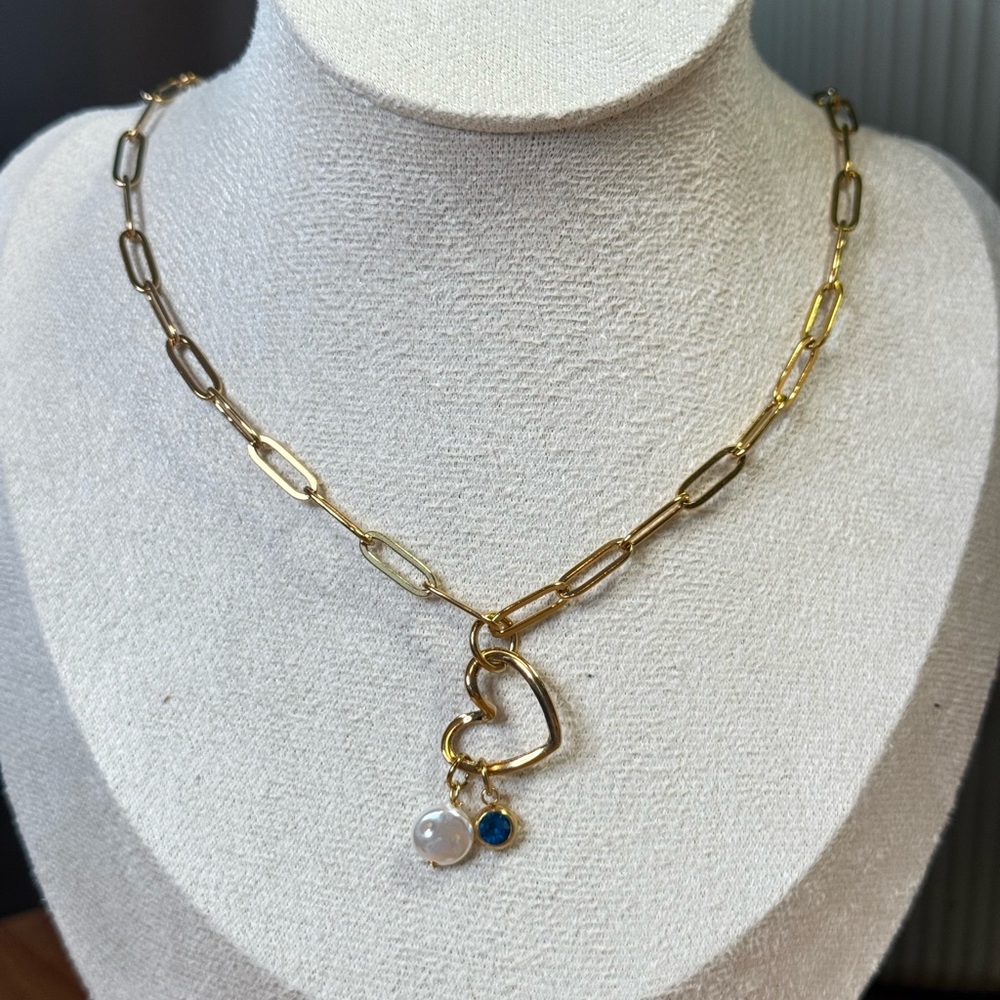 Gold Heart Pendant Necklace with Pearl and Blue Charm - Picture 4 of 4